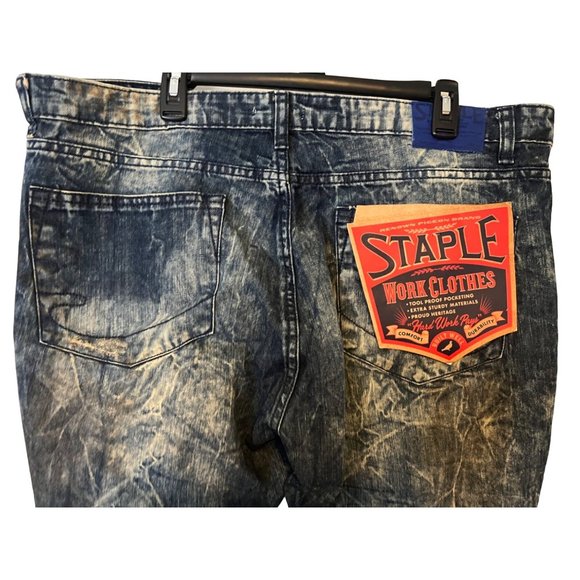 Staple Pigeon Jean Shorts Mens 40 Distressed Patches Blue Hand Sanding NEW - Picture 9 of 12